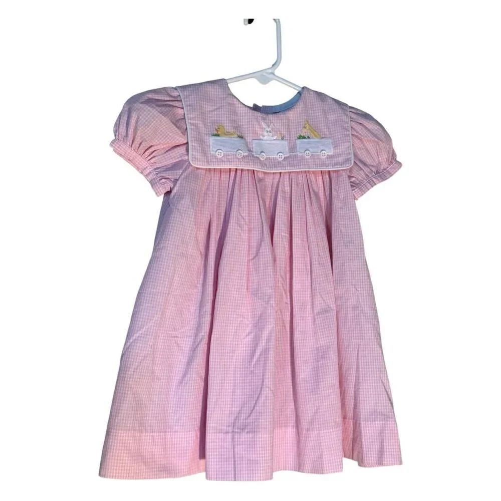 Pink Gingham Dress Embroidered Animals Vintage Inspired Cottage Girls Size 12M